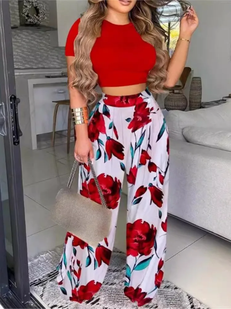 Damen-Set im eleganten Stil, kurzärmeliges Oberteil, Hose mit weitem Bein, zweiteiliges Set, Sommermode, bedruckt, bequemes Freizeithosen-Set