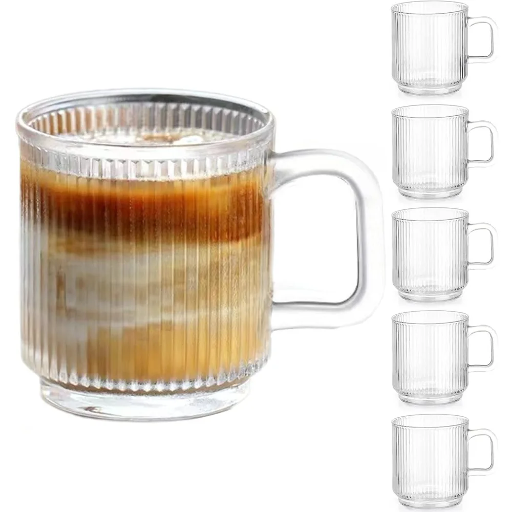 

6 PACK Premium Glass Coffee Mugs with Handle, 12 OZ Classic Vertical Stripes Glass Coffee Cups, Transparent Tea Cup for Hot