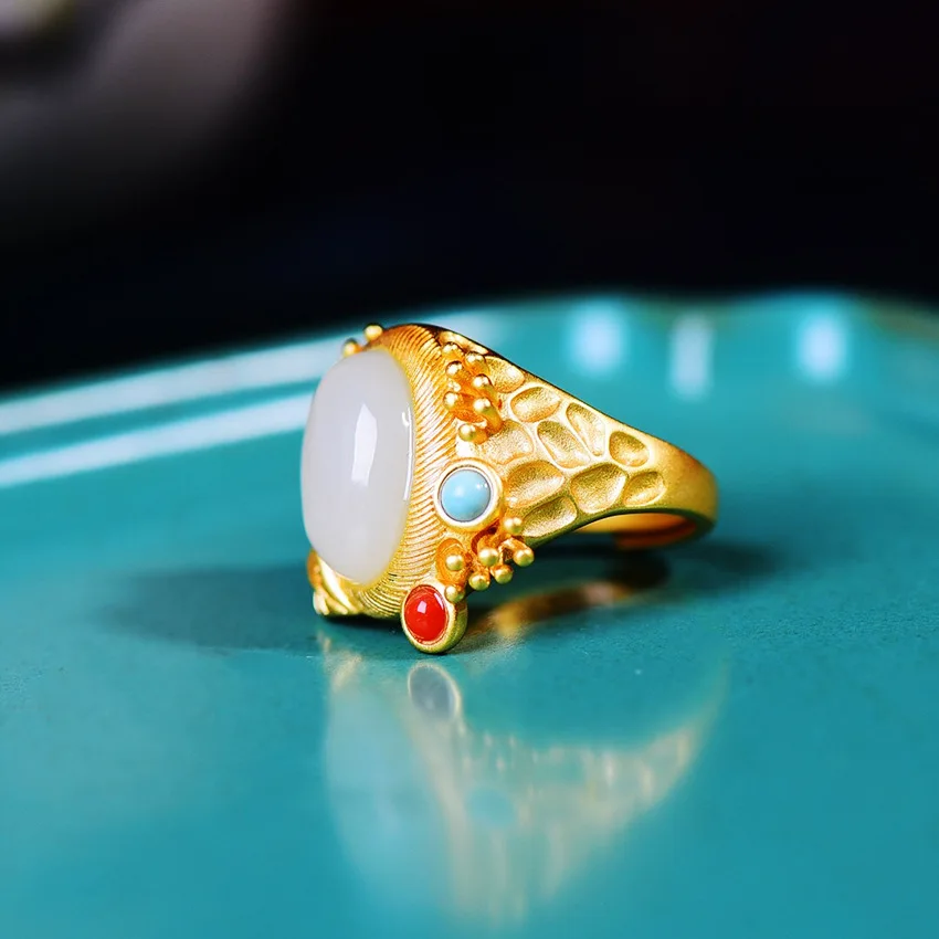 

Ethnic Style Lotus Leaf Oval Imitation Pure Silver Ring for Women Vintage Court Artistic Classical Small Open Finger Ring