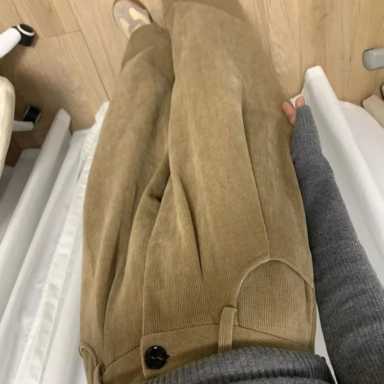 الكاكي بنطال ذو قصة أرجل واسعة المرأة الخريف الشتاء جديد الأمريكية عالية الخصر التخسيس الورك تغطي فضفاض سروال قصير غير رسمي