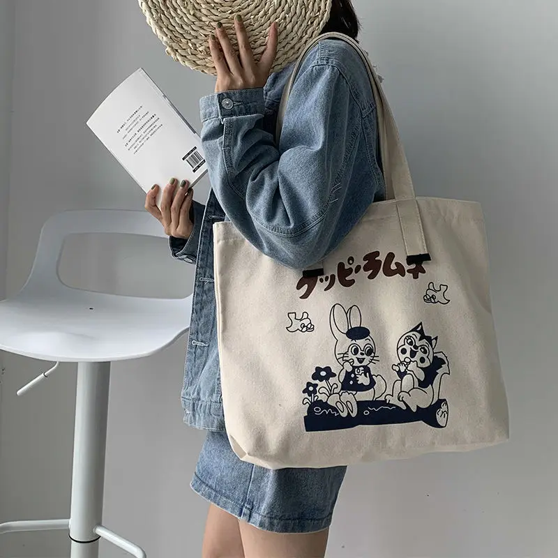 Women Canvas Shoulder Bag Zarxcop Bear Printing Ladies Casual Handbag Tote Bag Large Capacity Cotton Reusable Shopping Beach Bag