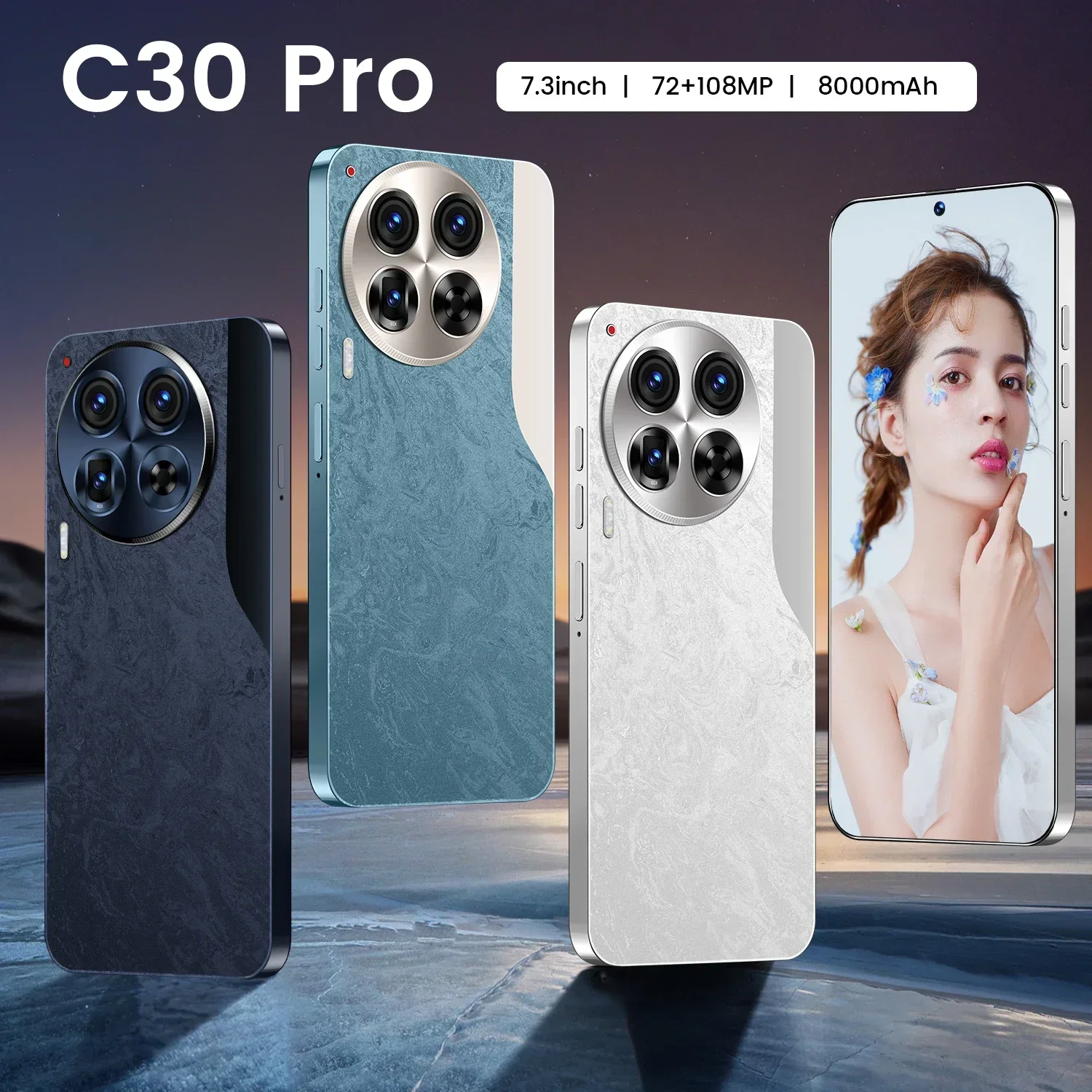 Original C30 Pro Mobile Phones 7.3 HD Screen SmartPhone 16G+1T 5G Dual Sim Celulares Android13 Unlocked 108MP 8000mAh Cell Phone