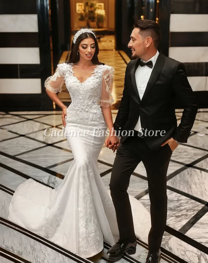 تخصيص 2025 مثير الخامس الرقبة حورية البحر فساتين الزفاف العربية الدانتيل زين طويل الطابق طول زي العرائس الشرق الأوسط