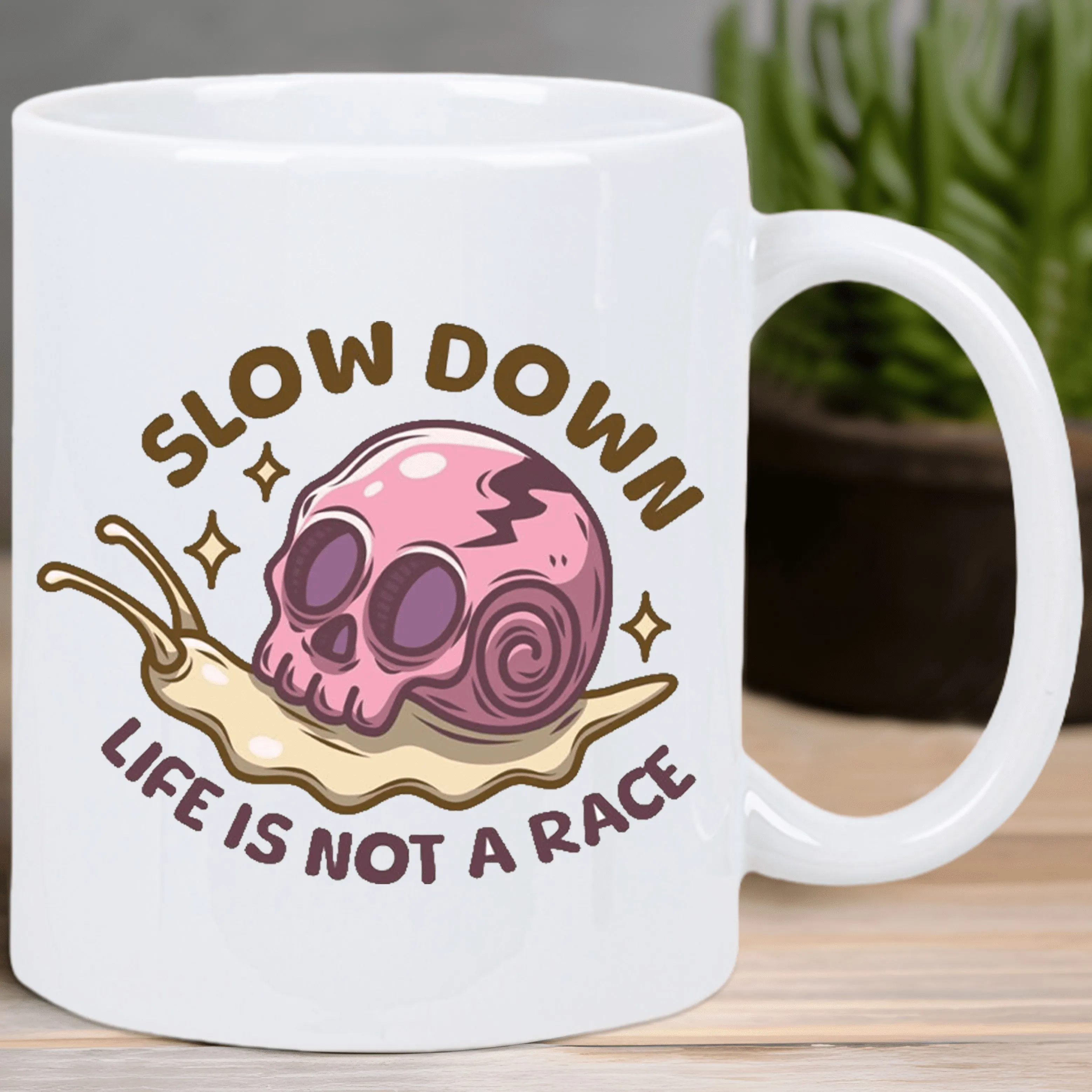 

SLOW DOWN LIFE IS NOT A RACE Ceramic Coffee Mug - Insulated Reusable White Mug with Whimsical Snail & Skull Design