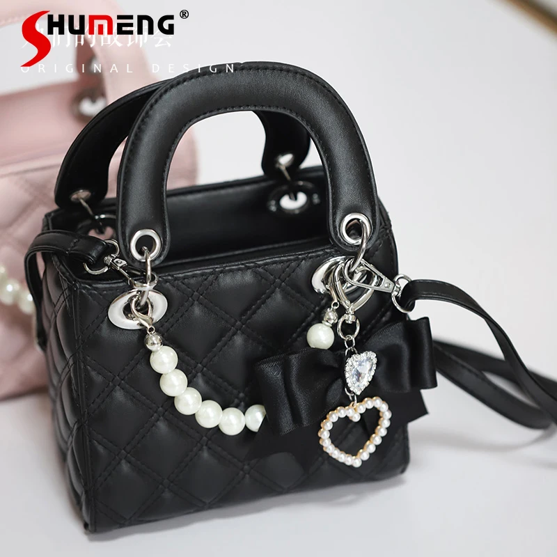 Japanese Girl Cute Handmade Pink Shoulder Bag 2023 Fall New Mine Mass-Produced Sweet Cool Bow Love Rhinestones Handbag for Women