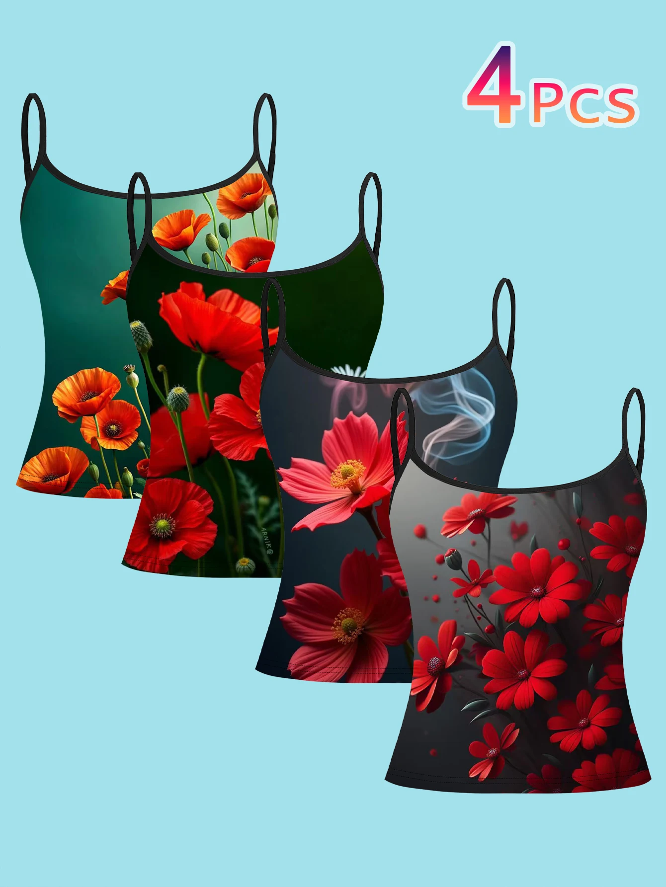 Women's 4-Piece Printed Camisole Set: Dark Green with Orange-Red Poppies, Deep Green with Giant Red Poppies, Dark Background with Smoky Red Flowers, Gray-Toned Background with Red Poppy Flower Cluster Pattern, Slim-Fit Sleeveless Outerwear Base Layer Top