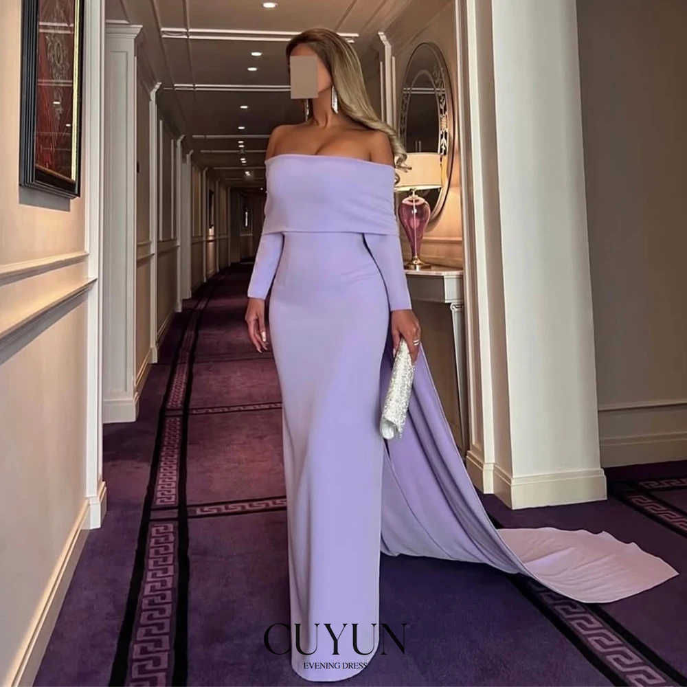 

CUYUN 2025 Straight Boat Neck Women Evening Dresses Long Sleeves Customized Purple Prom Party Gown for Special Occasion
