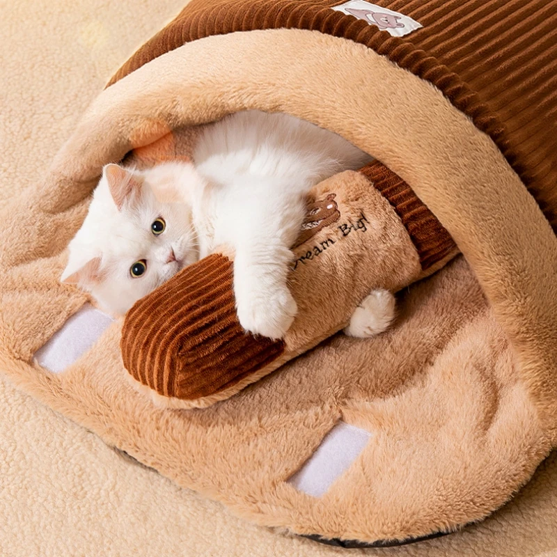 New Cat Bed Winter Removable Warm Half Closed Pet Sleeping Bag Dog Bed House Cats Nest Cushion with Pillow