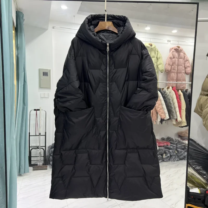 2023 White Duck Down Jacket Women\'s Long Korean Fashion Plus Size Loose Hooded Thicken Warm Winter Coat Jackets for Women