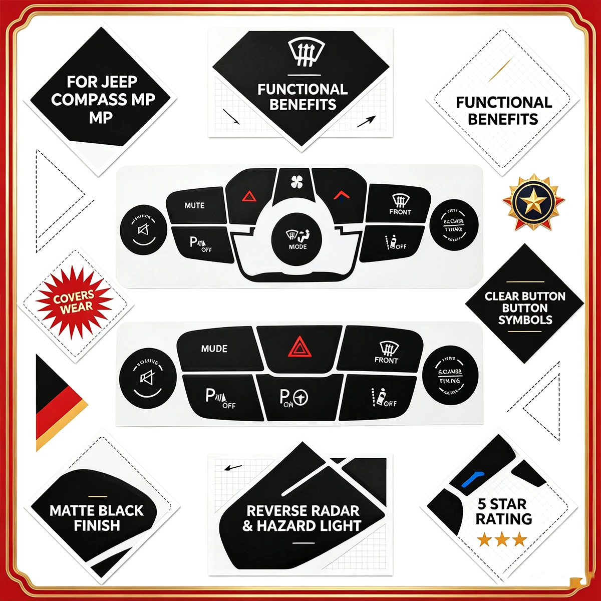 For Jeep Compass MP AC Dash Button Repair Decal - Reverse Radar Hazard Light Sticker, Faded Climate Control Fix