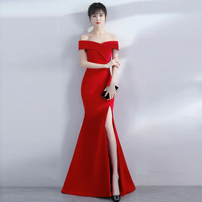 

Banquet evening dress elegant long one-word shoulder fishtail drag queen costumes ballroom dance competition dresses