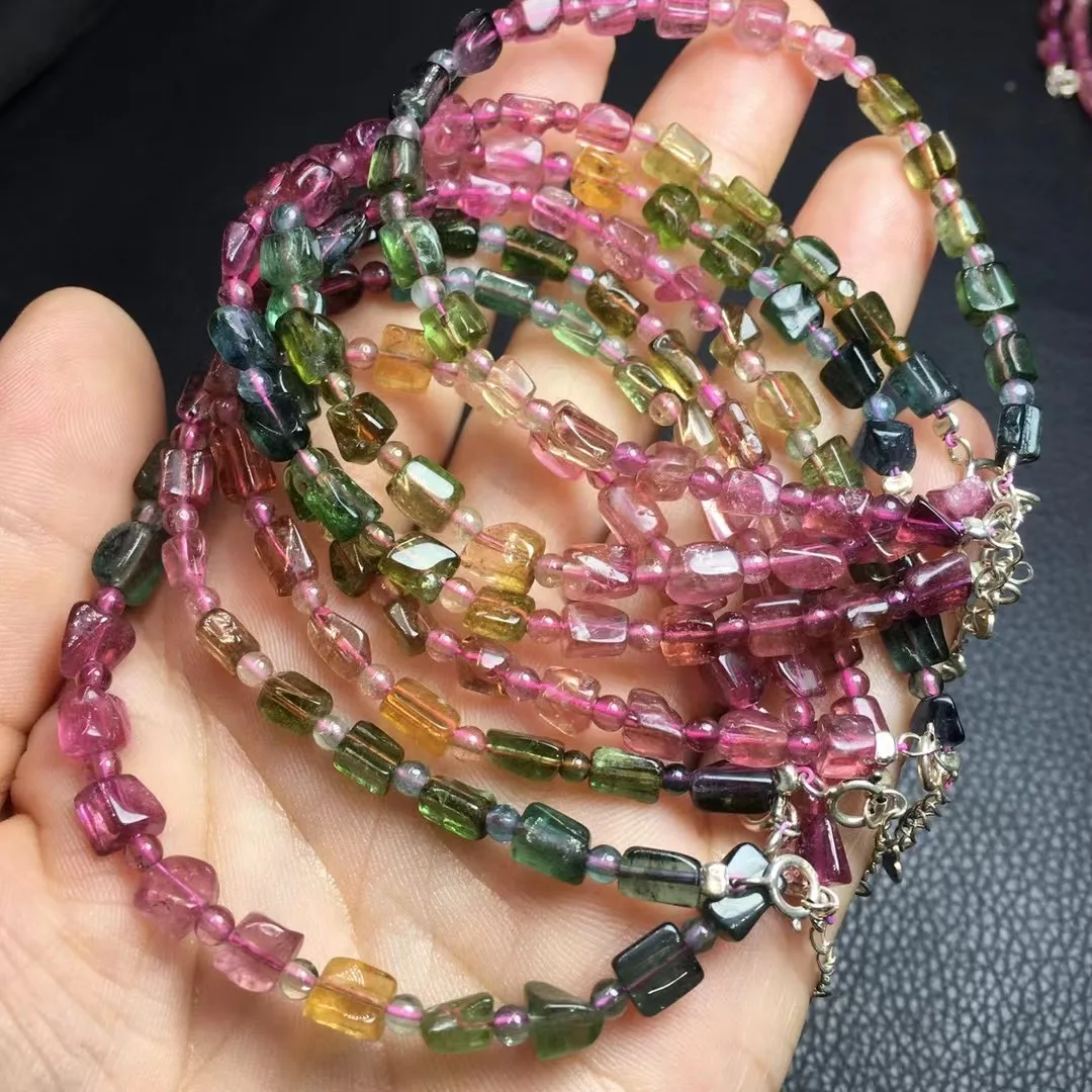 1 Pc Fengbaowu Natural Multicolored Gem Tourmaline Elbaite Bracelet 925 Sterling Silver Crystal Healing Stone Jewelry Gift Women