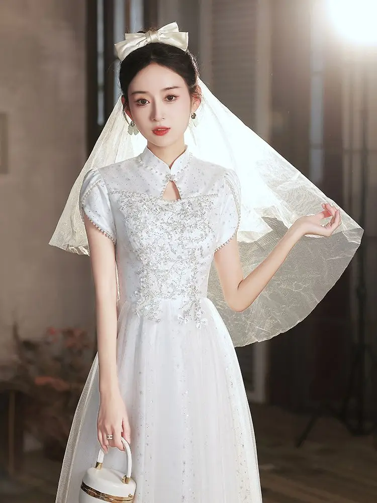 Yourqipao White Chinese Wedding Evening Cheongsams Dress Short Sleeve Bridal Engagement Qipao Gowns Wedding Reception Dresses