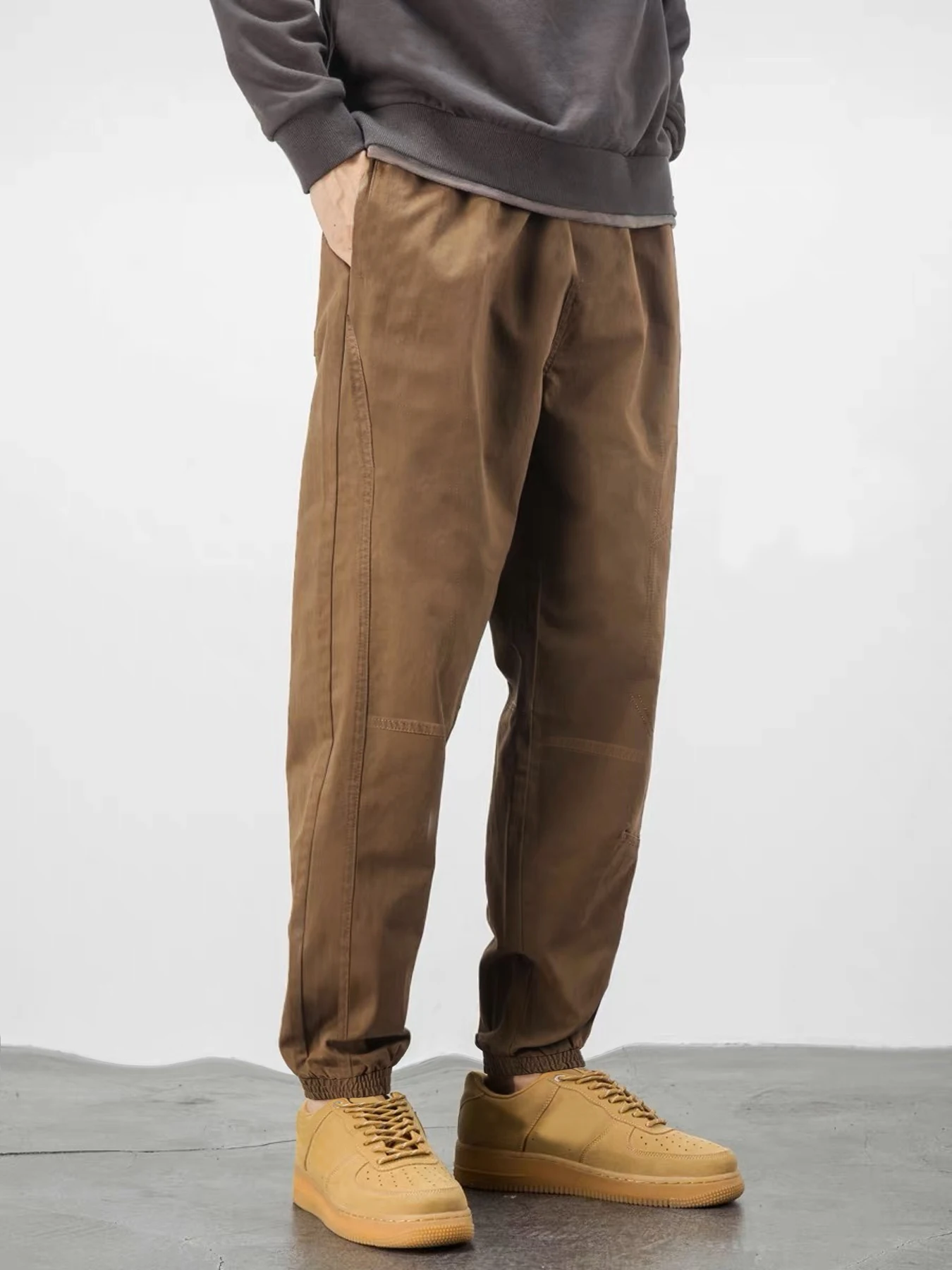 Workwear pants for men with waistband and buckle, loose size drawstring ankle pants