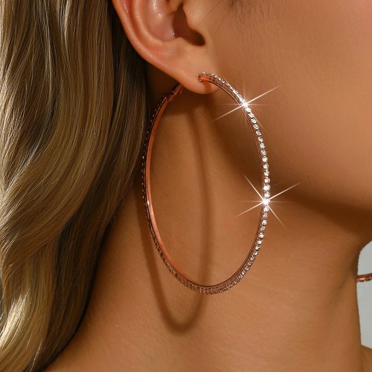 2PC-Sparkly Rose Gold 8.5CM Round Rhinestone Hoop Earrings For Marriage Ceremony Guest Anniversary Celebration Banquet