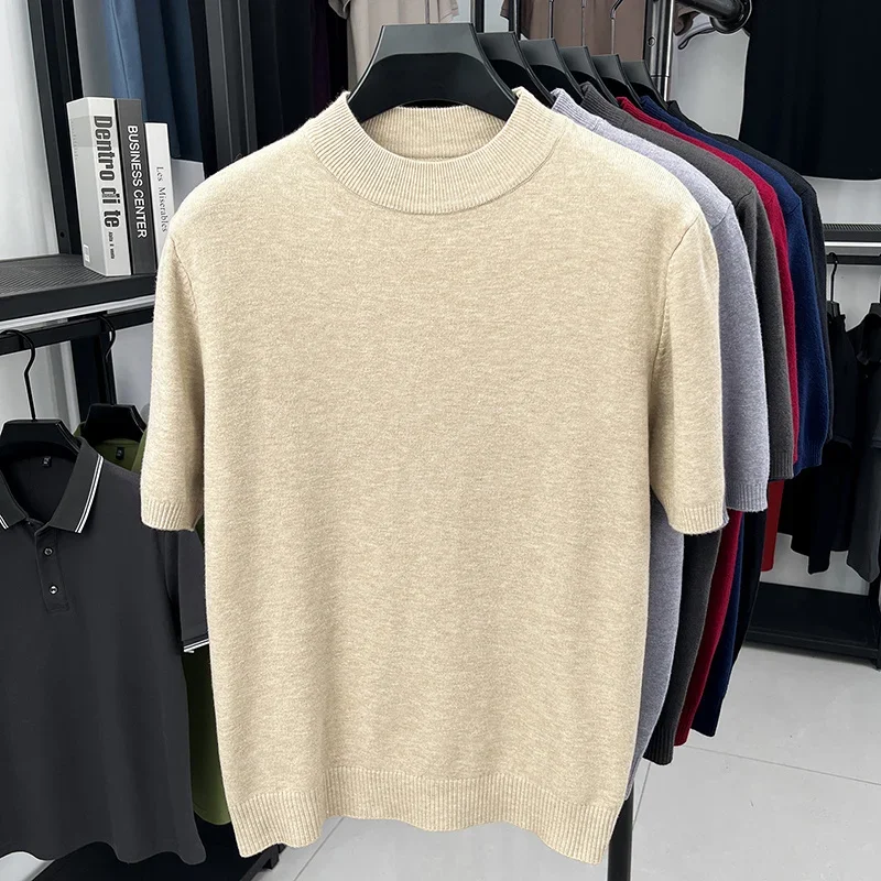 Herren Kurzarm-T-Shirts mit Stehkragen, einfarbig, gestrickt, lässig, für alle Jahreszeiten, leichte, weiche Oberteile für Männer