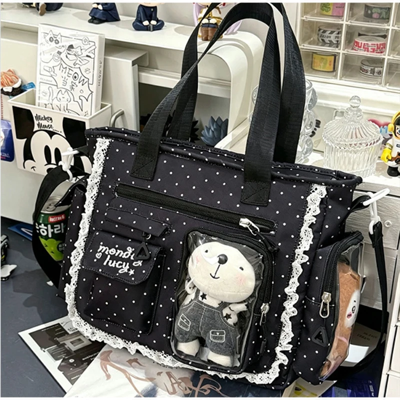 Japanese Polka Dots Ita Bag Transparent Multiple Pockets Shoulder Bag Lace Trim Decor Girls' Cute Handbag Student Commuter Bag