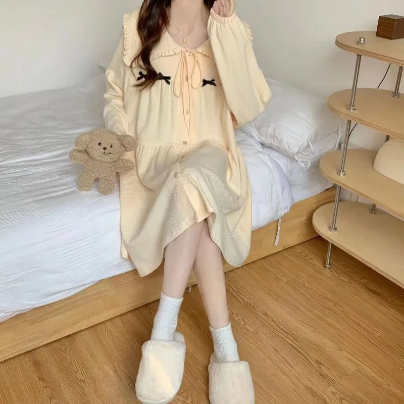 Bow Women Nightgown Ruffle Sleepwear Korean Nightwear Autumn Long Sleeve Sleeping One Piece Pajamas Peter Pan Collar Night Dress