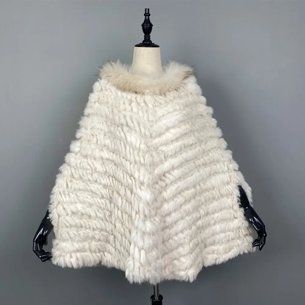 Raccoon Fur Collar Real Fur Rabbit Woven Shawl Sleeve Cape  Knitted Warm Winter Coats for Women Patchwork Tops 2023 Jackets 1Pc