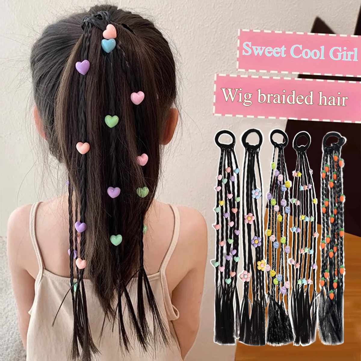 

Sweet Cool Boxing Braid Children's Wig Braid Hair Ring Little Girl High Ponytail Love Braided Hair Rope Hair Accessories