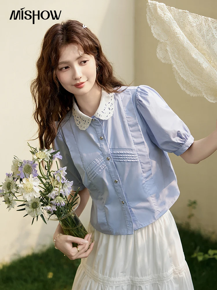 

MISHOW Women's Summer Button Up Shirt Puff Sleeve Blouse Lace Lapel French Retro Contrast Top Korean Popular Clothes MXD26X1451