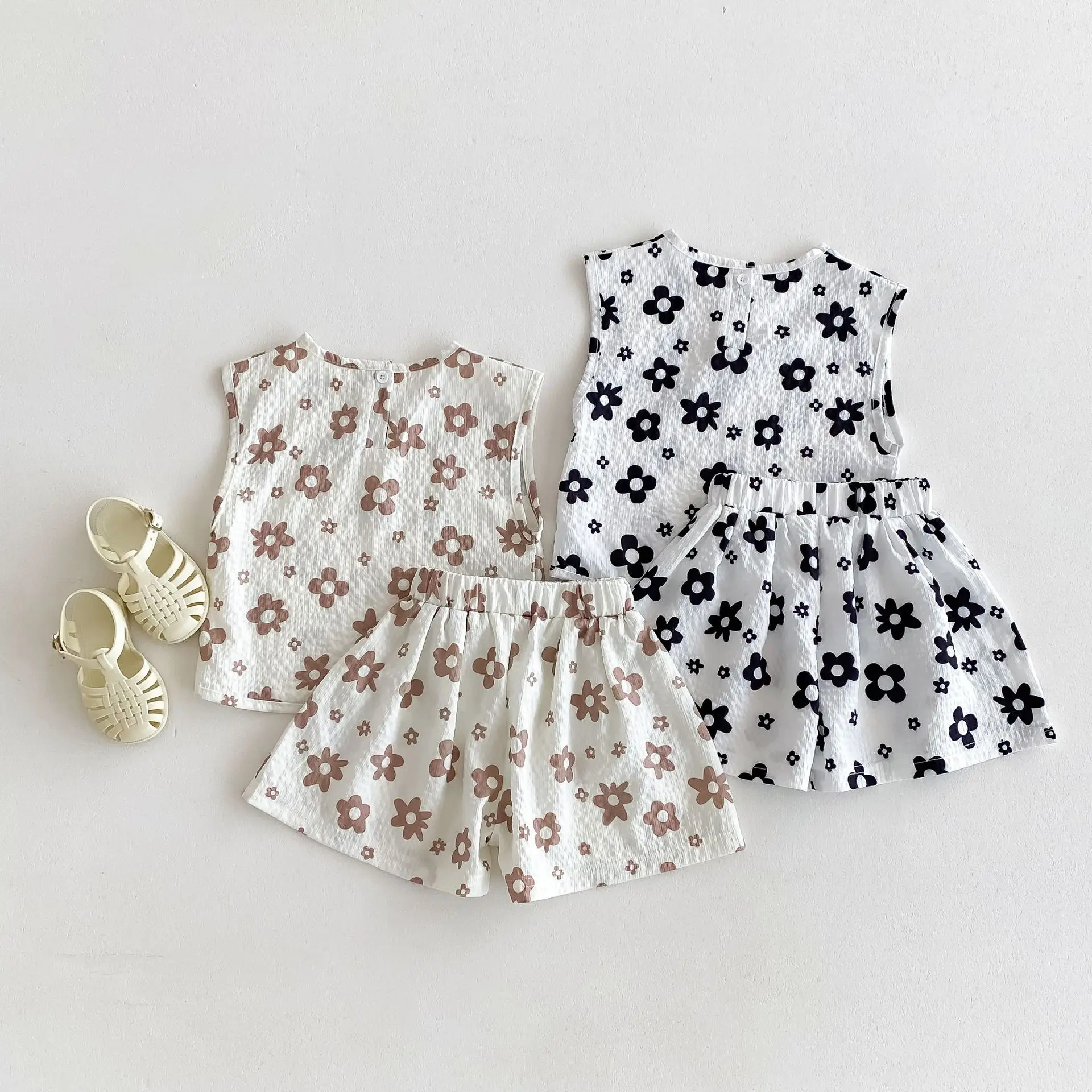 

2024 Summer Girl Children Flower Pring Sleeveless Tops + Wide Leg Shorts 2pcs Baby Thin Casual T-shirt Suit Kid Cotton Vest Set