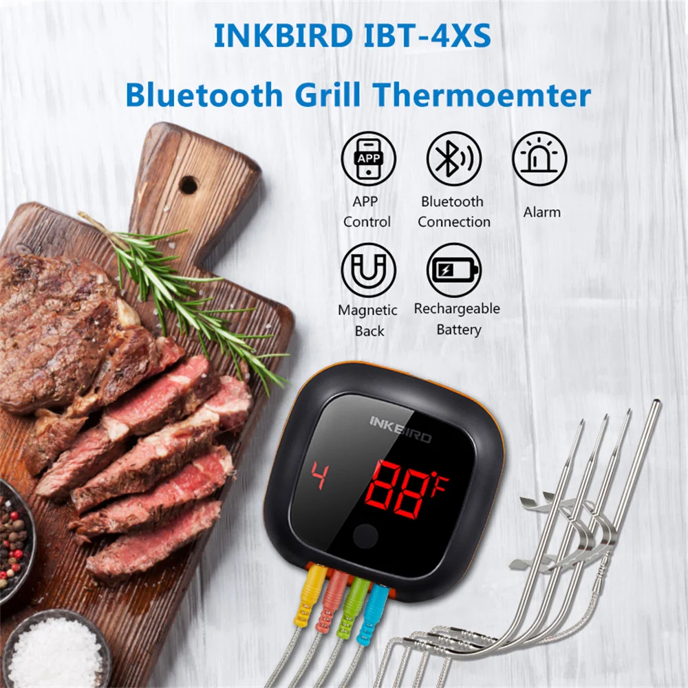 INKBIRD Digital BBQ Cooking Oven Thermometer 50 Meters Bluetooth Range IBT-4XS With 1000mAh Li-Battery Timer Meat Colorful Probe