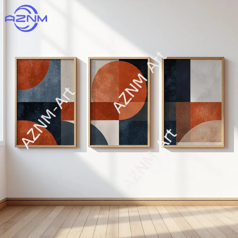 1/3-teiliges Triptychon in Marineblau und Terrakotta mit geometrischem Muster, abstraktes Set aus 3 Postern aus der Mitte des Jahrhunderts, Retro-moderne Wandkunstdrucke, Raumdekoration