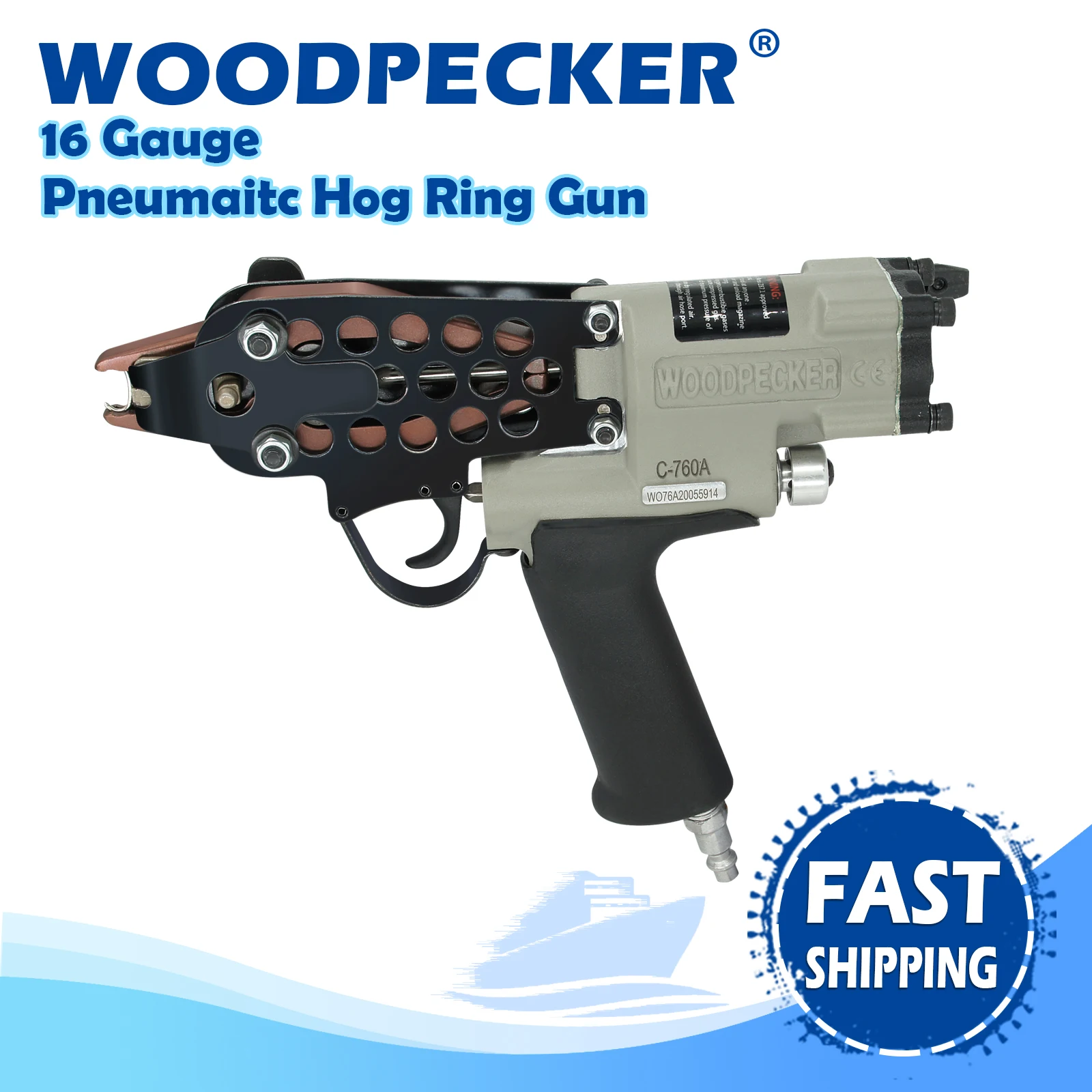 

WOODPECKER C-760A 16 Gauge Pneumatic Hog Ring Gun, 12.5mm Inner Crown, 3.0mm Closure Diameter, for Cages, Car Seats, Fencing