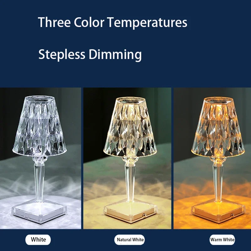 

3 Colors Stepless Dimming Touch Crystal Diamond Table Lamp Romantic LED NightLight for LivingRoom/Bedroom/Study Room/Office/Bar