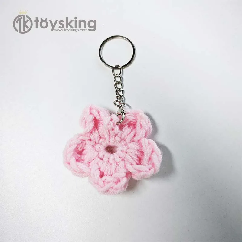 Hand Crochet Pink Flower Plush Keychain With Metal Ring Floral Bag Charm Backpack Pendant For Girls