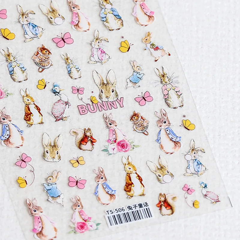 1 Sheet 5D Realistic Lovely Cartoon Bunny Rabbit Fairy Tale Butterfly Bear Adhesive Nail Art Stickers Decals Manicure Charms