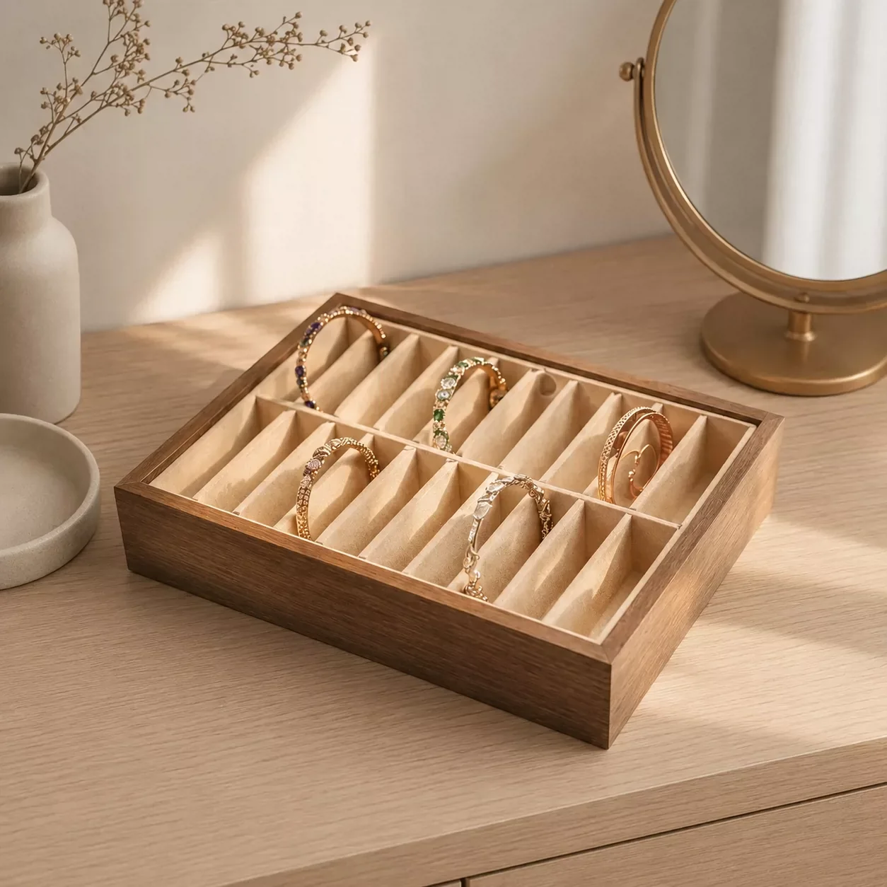 Wooden Bracelet Display Tray – Black Walnut Finish, 20-Slot Organizer for Bangles & Jade Bracelets, Jewelry Storage Box