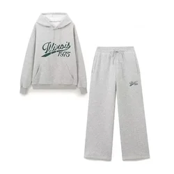 Women's Set Two Pieces Elegant Casual Women's Set Autumn Outfits Sweat Suit Sets Basics Grey Letter Hoodies Sets