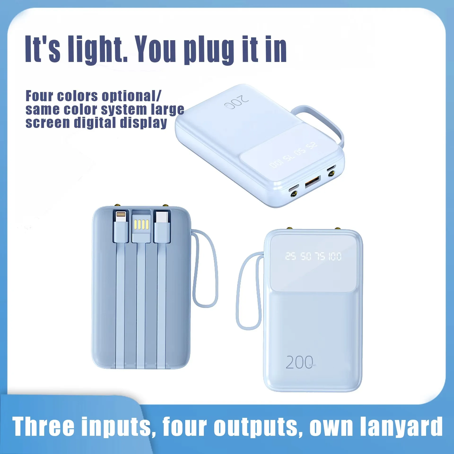 New Portable Corded Bank 20000mAh Digital Display Color Power Bank with Lanyard Logo Available to order