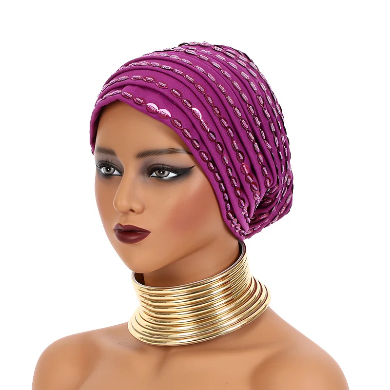 African Women Sequin Turban Hat Beaded Stretch Head Wrap Ladies Muslim Headscarf Soft Elastic Pleated Headwear Party Cap Mujer 3