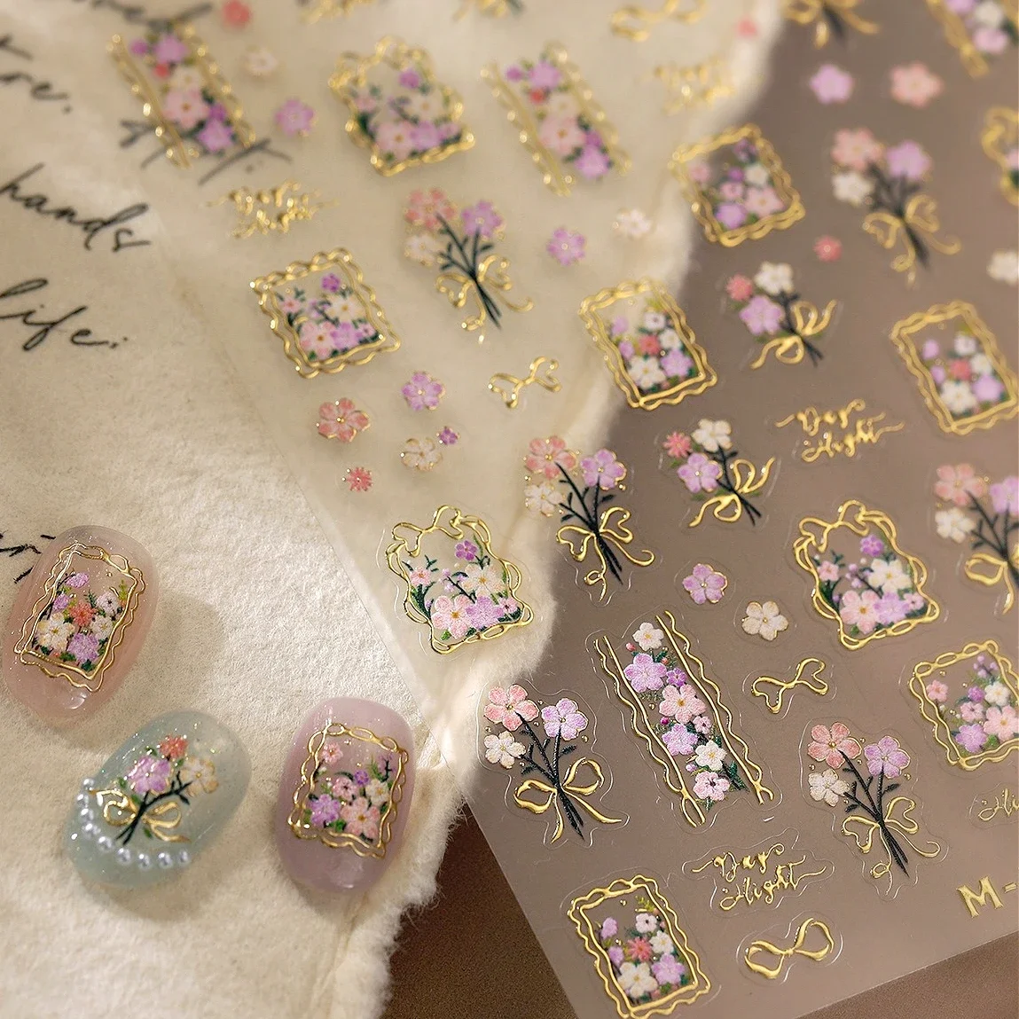5D Hot Stamping Photo Frame Flower Bouquet Nail Stickers Five-petaled Flowers Bowknot Tie Colourful Manicure Decals Decorations