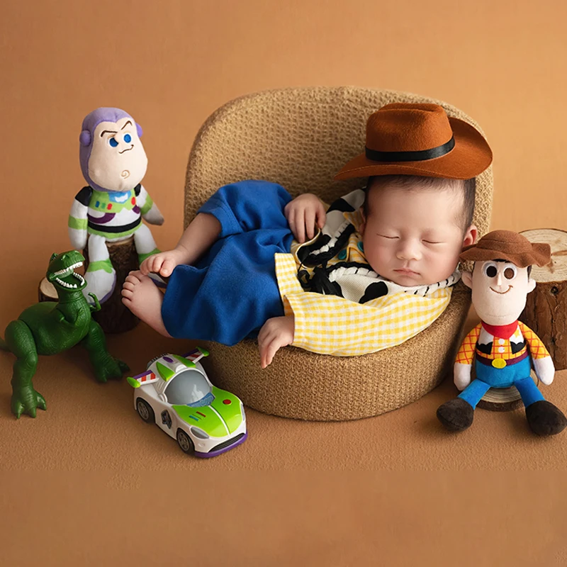 Newborn Photography Clothing Cartoon Baby Shoot Props Cowboy Style Hat + Shirt + Pants Set Cute Doll Dinosaur Toy Studio Photo