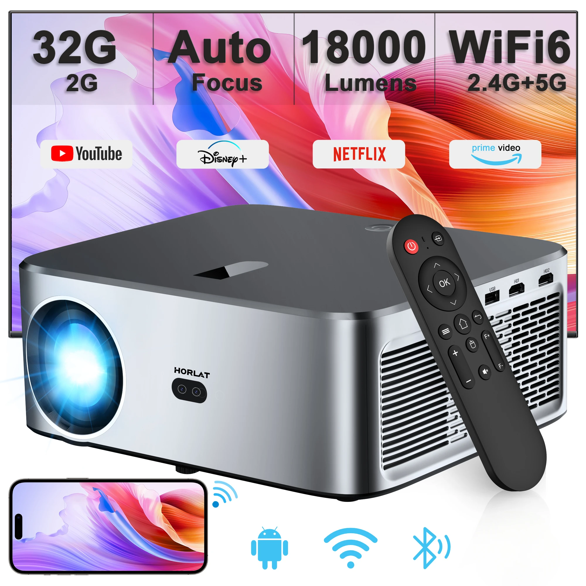 

HORLAT Android светодиодный проектор 700ANSI Full HD 1080P 4K видео домашний кинотеатр Keystone 5G WiFi 18000 люмен портативный проектор