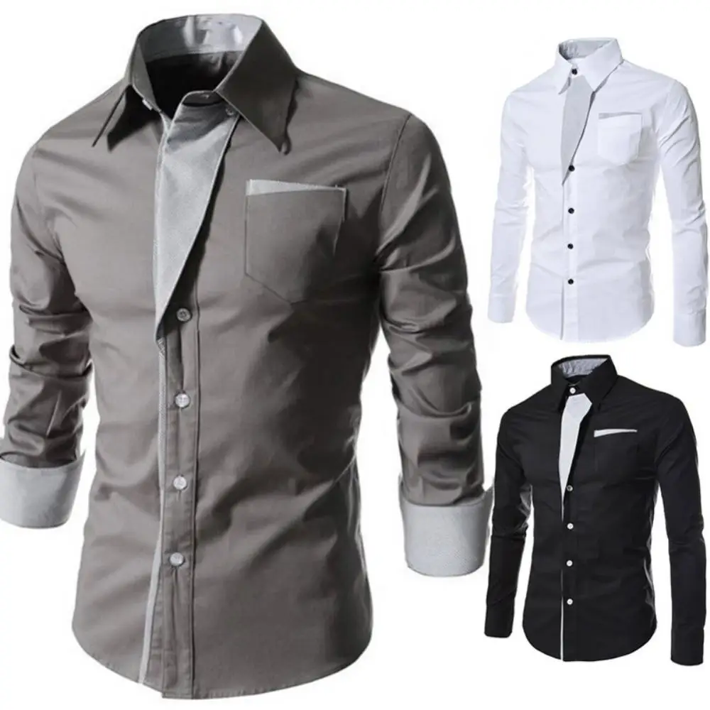 Fashion Men Shirt Stand Collar Long Sleeve Shirt Color Block Button Up Shirt Slim Fit Top