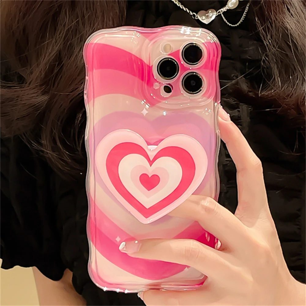 Korean Cute 3D Gradient Love Heart Holder Stand Phone Case For iPhone 14 13 12 11 Pro Max Plus Clear Wavy Soft Shockproof Cover