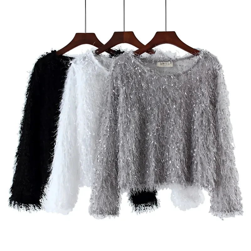 Women's Short fringe top 2026 Spring Autumn New style Loose Round neck Hairy shiny silk Long sleeved T-shirt Fashion Base shirt