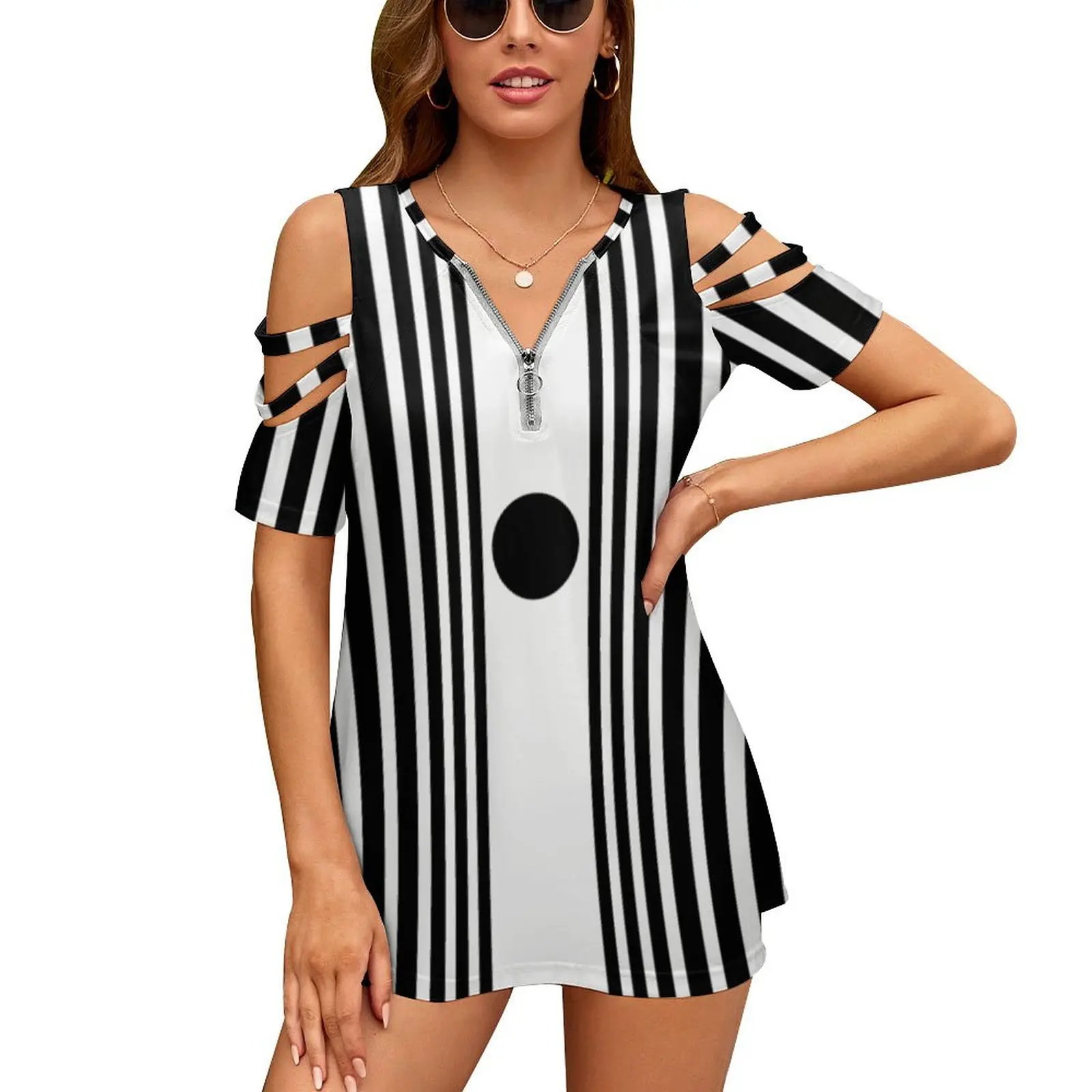 Doppler Effect New Fashion Zip Off Shoulder Top Short-Sleeve Women Shirt Op Art Waves Acoustic Effect Sheldon Optical Effect