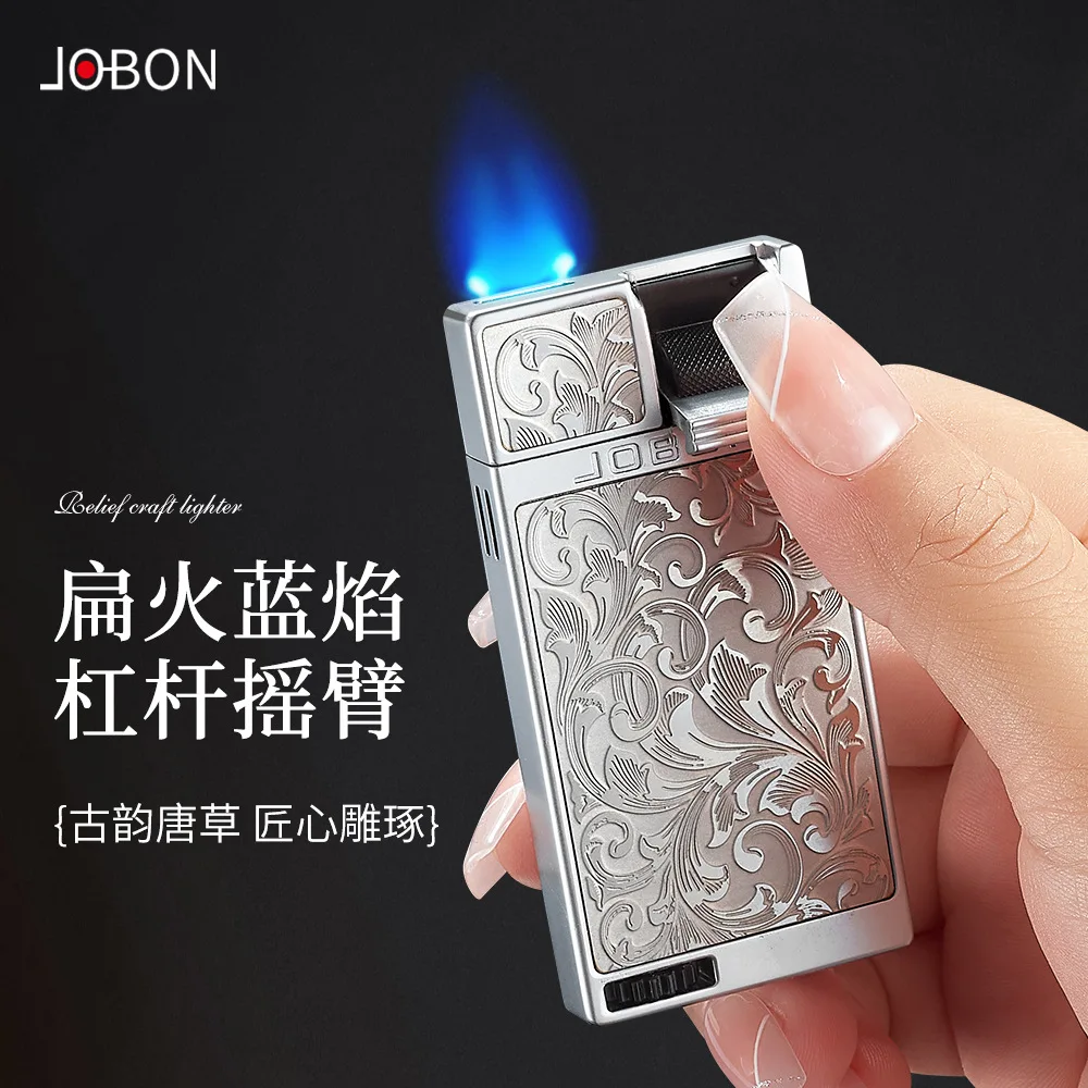 JOBON Flat Fire Blue Flame Gas Lighter, Lever Ignition, Relief Tangcao Pattern, Creative High-end Men's Gift view 3
