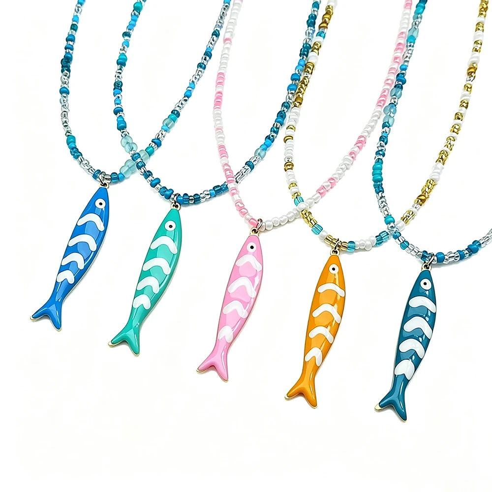 Bunte Fisch Anhänger Halskette für Frauen Mädchen handgemachte gewebte Perlen Dopamin Farbe Meer Party Sommer Mode Kette Halsband Schmuck