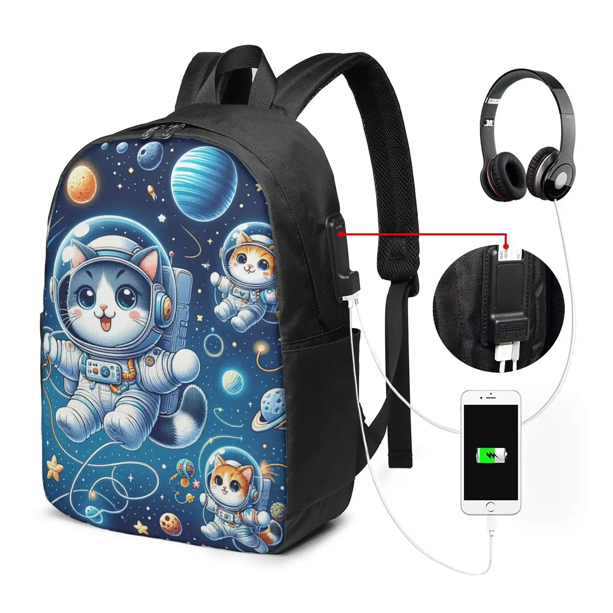 Whimsical Astronaut Cat And Stars In Space Backpack Travel Notebook Bag Computer College Student School Bag Laptop Shoulder Bags
