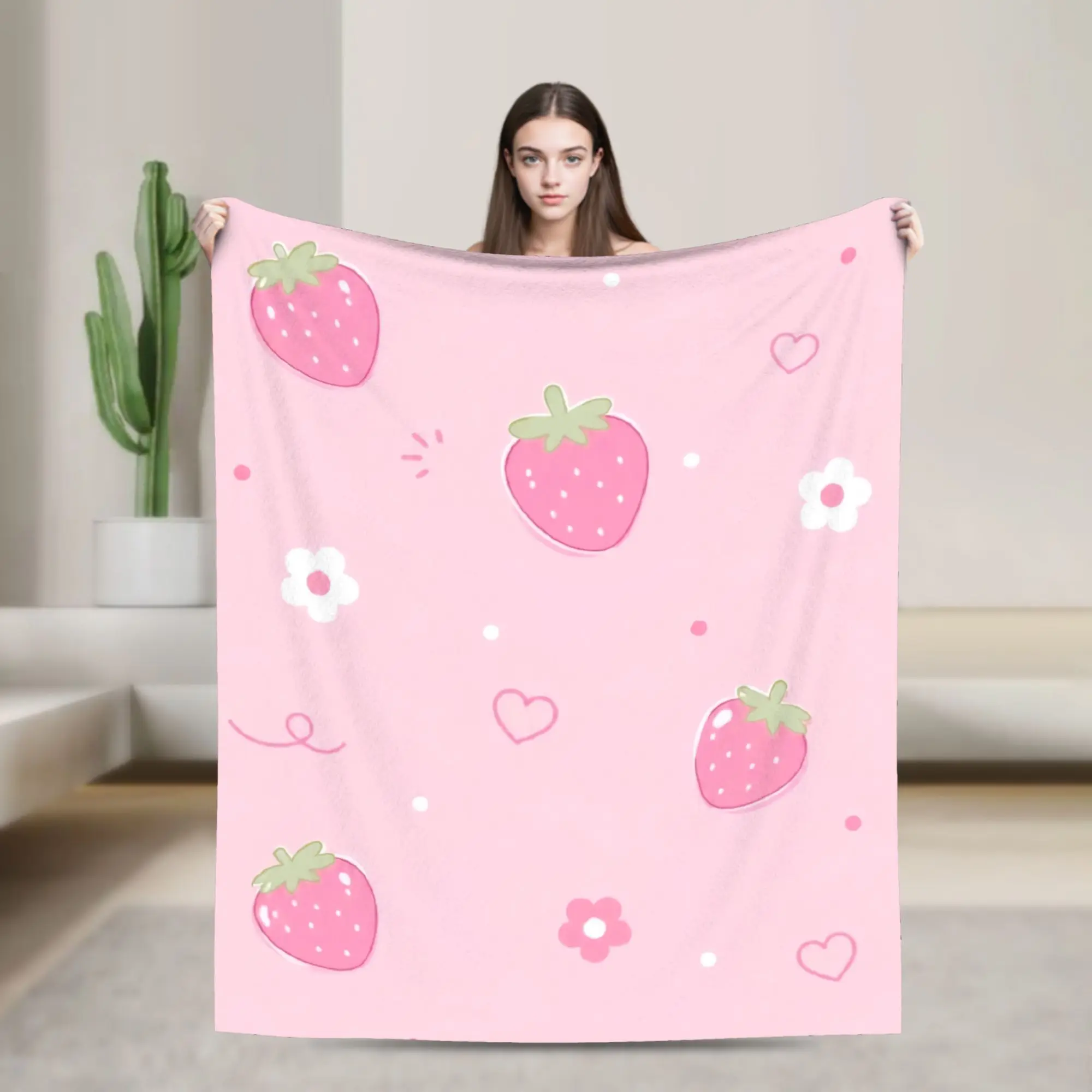 Strawberry Kawaii Cute Hearts Floral Pink Flannel Blanket  Awesome Throw Blankets for Home Hotel Sofa  150*125cm Bedspreads