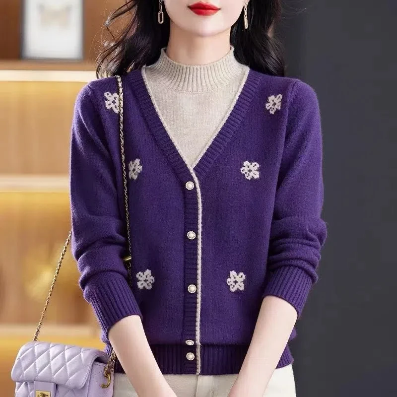 Women\'s Clothing Button Long Sleeve Half High Collar Autumn Winter Sweater Knitted Pullover Casual Elegant Screw Thread Tops