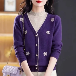Women's Clothing Button Long Sleeve Half High Collar Autumn Winter Sweater Knitted Pullover Casual Elegant Screw Thread Tops