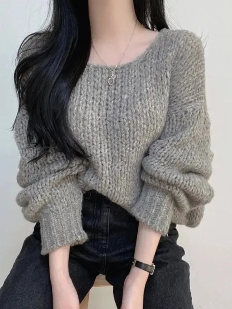 

Chic Autumn Winter Loose Fit round Ne Knitted Sweater oulder Drop Cables Thi Yarn Lazy Overhead Top Women's Faion